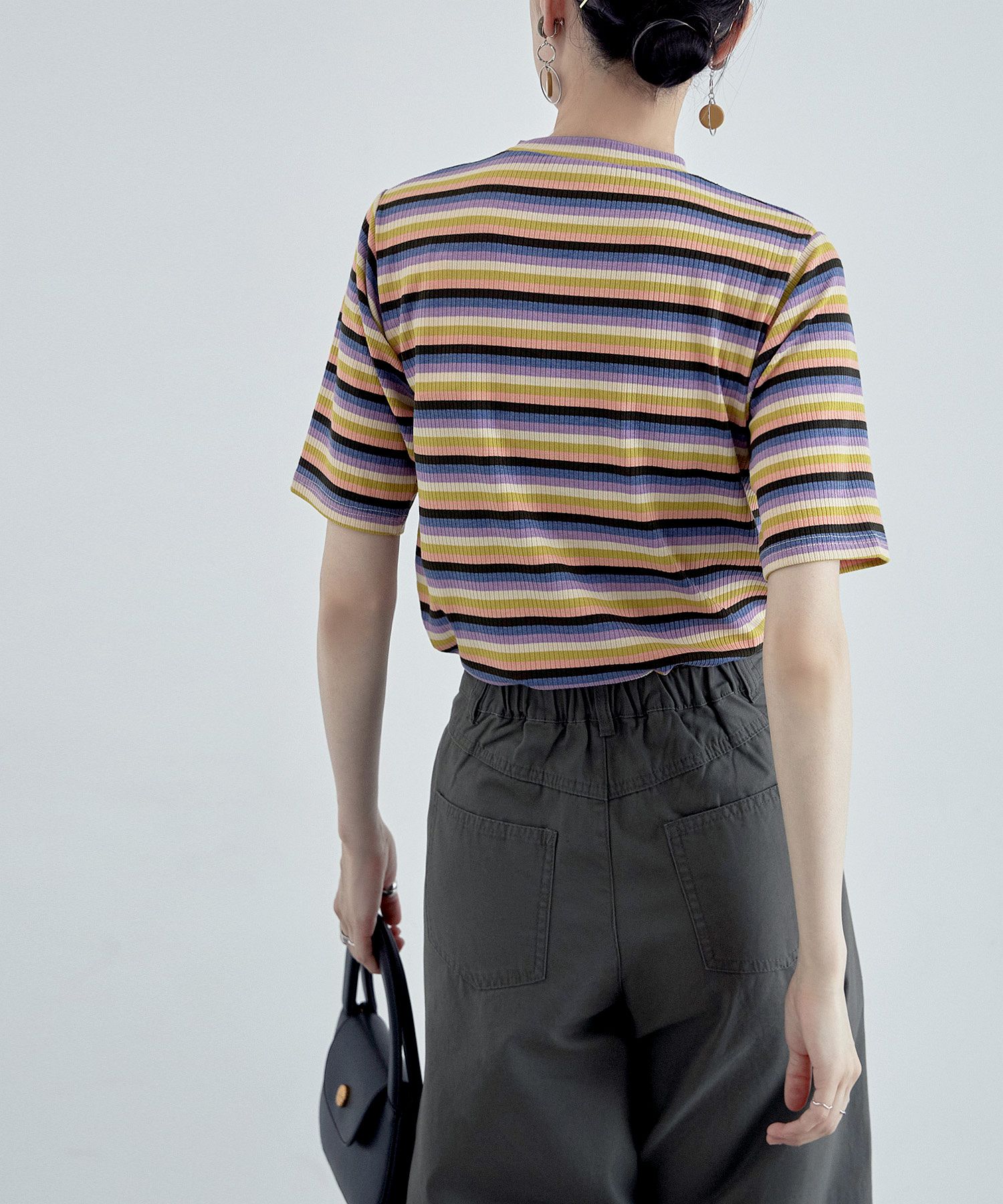 マルチボーダークルーネックリブTシャツ ボーダー トップス