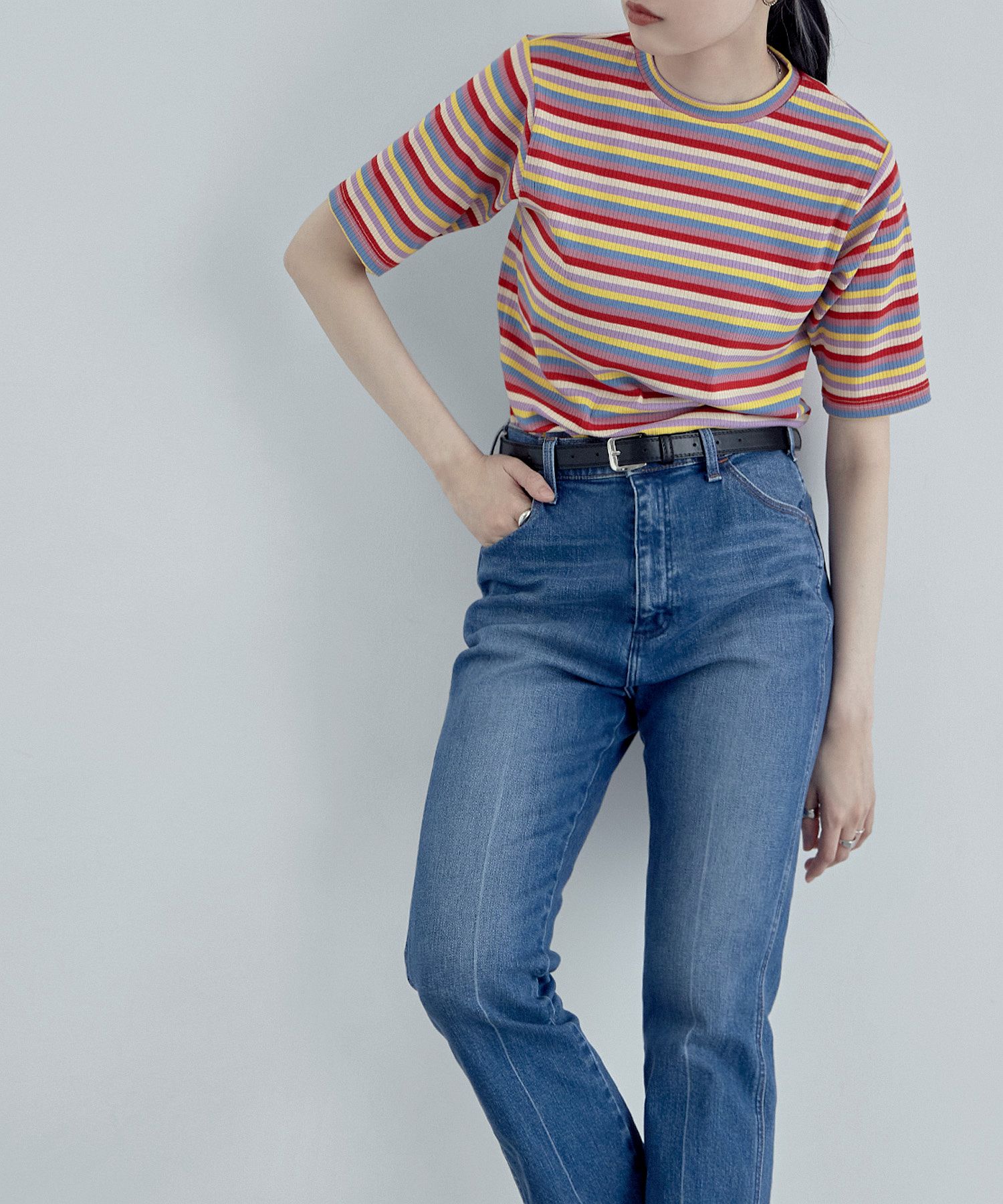マルチボーダークルーネックリブTシャツ ボーダー トップス