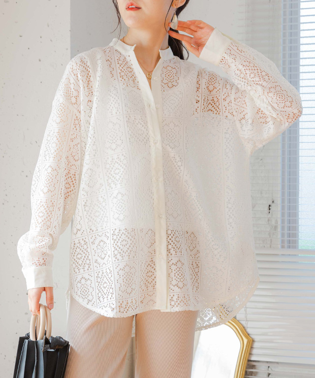 セール15%OFF】レース ブラウス シャツ 長袖 [上品なクロシェレース