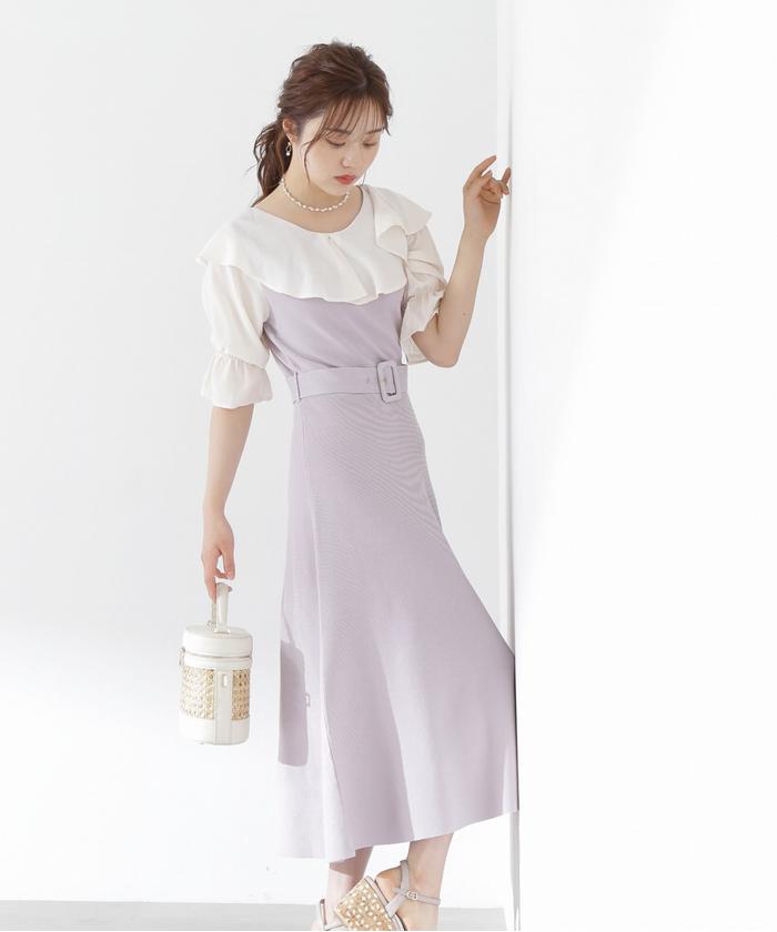 セール 50%OFF】ウエストベルト付きラッフルニットワンピース