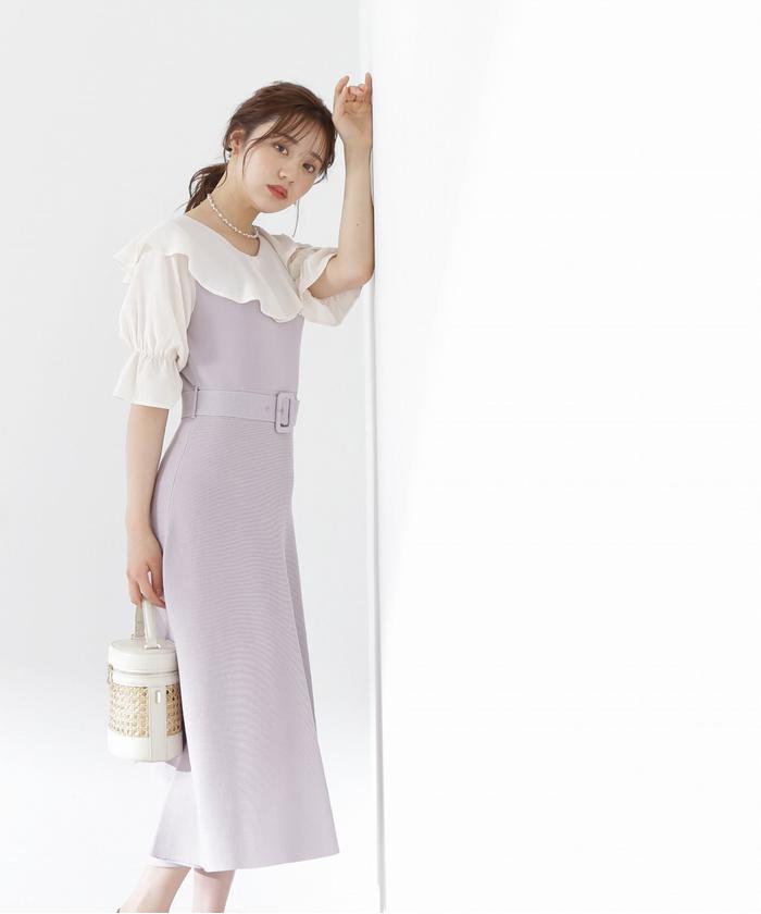 セール 50%OFF】ウエストベルト付きラッフルニットワンピース