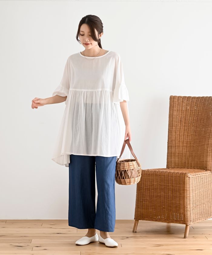 コットンシルク ギャザー袖プルオーバー_grayish pale blue シルクコットンボートネックニットプルオーバー - SOÉJU online