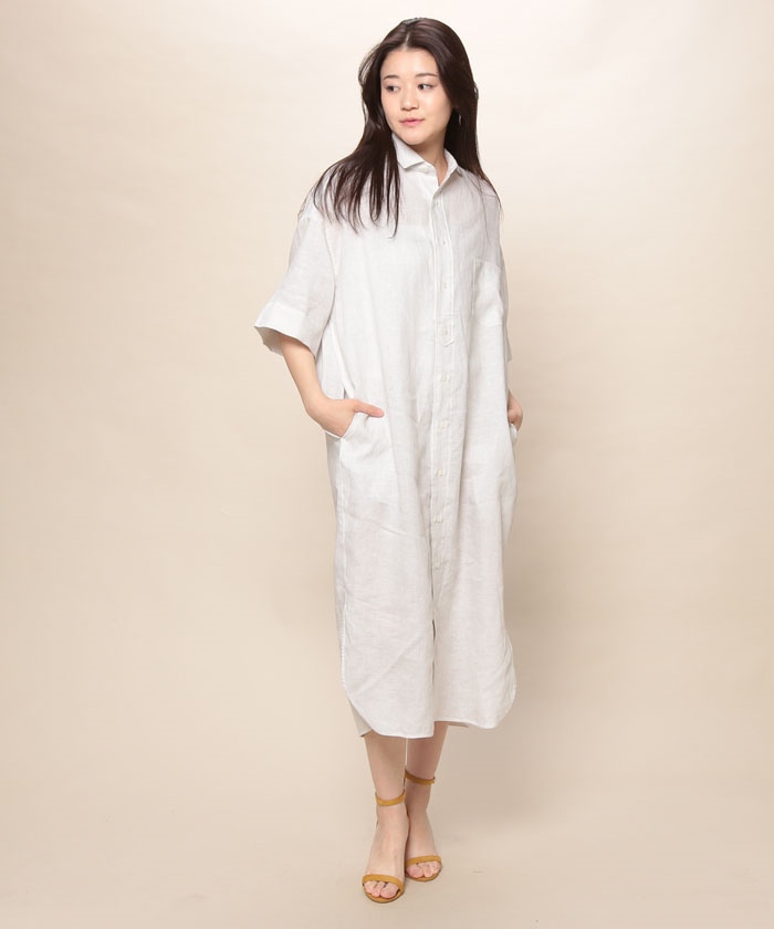 【美品】ティッカ シャツワンピース ベージュ系チェック コットンリネン 美品】ティッカ シャツワンピース ベージュ系チェック コットン