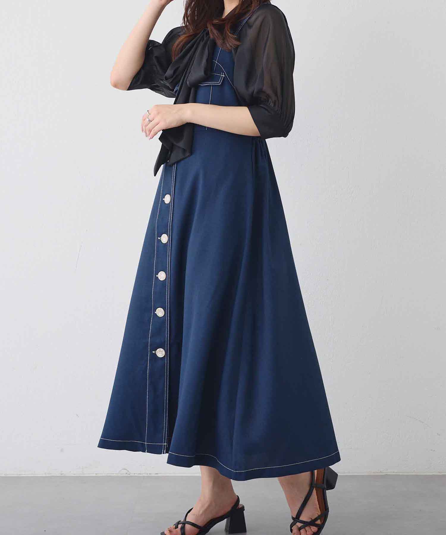 クーポン】【セール 50%OFF】麻調ポリ配色ステッチ前釦