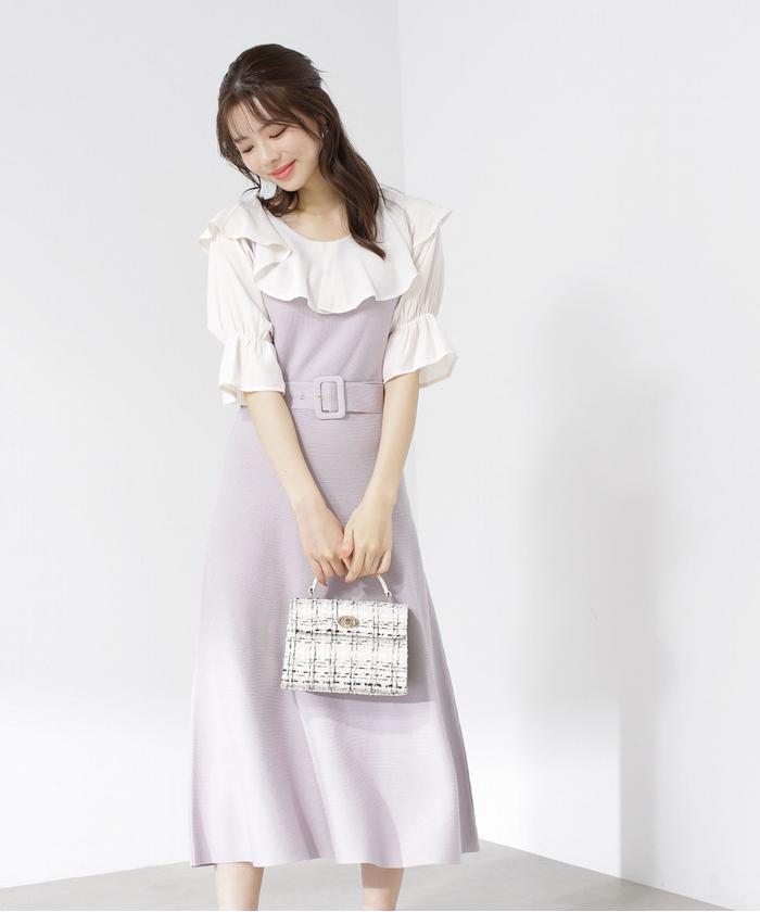 セール 50%OFF】ウエストベルト付きラッフルニットワンピース