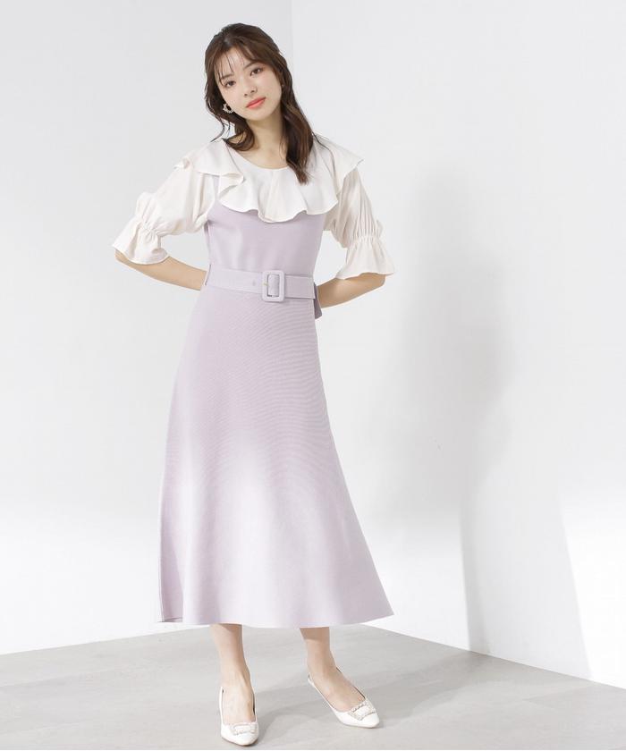 セール 50%OFF】ウエストベルト付きラッフルニットワンピース
