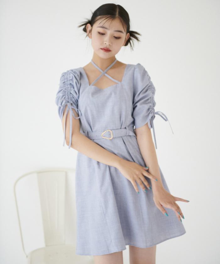 【VALENTINO】装飾付き ギャザー入り ベルベット ミニワンピース XSサイズあり【Glossy/グロッシー】チョーカー風ベルト/ カット