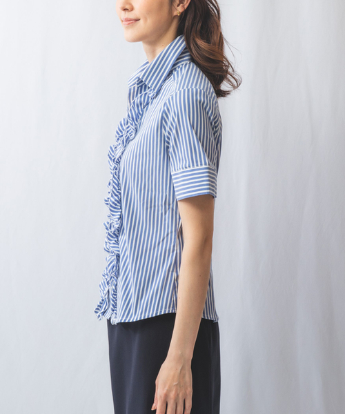 セール 50%OFF】ロンドンストライプフロントフリル半袖シャツ