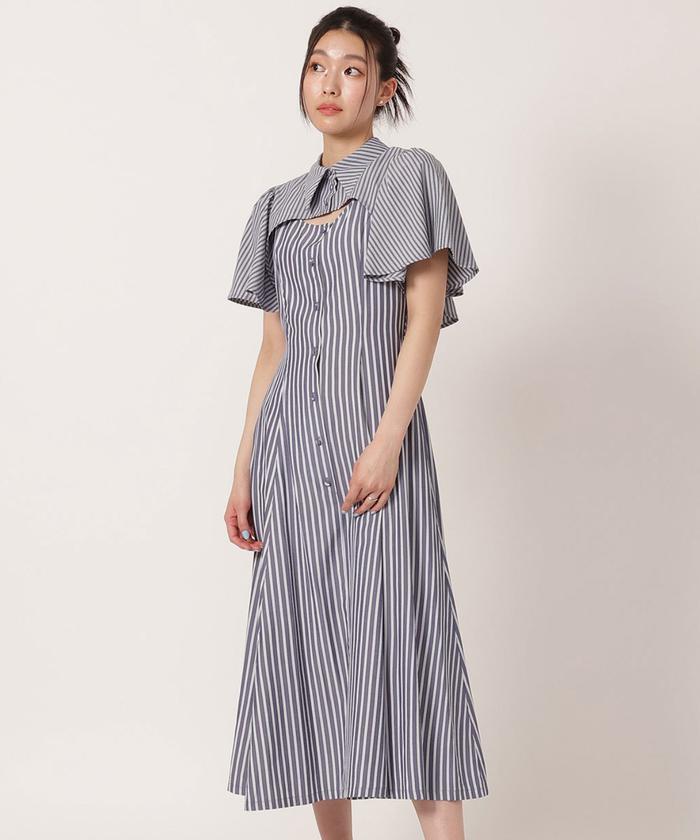 ビジネス☆ワンピース ストライプ シャツカラー Aライン ミディ ビジネス☆ワンピース ストライプ シャツカラー Aライン ミディ
