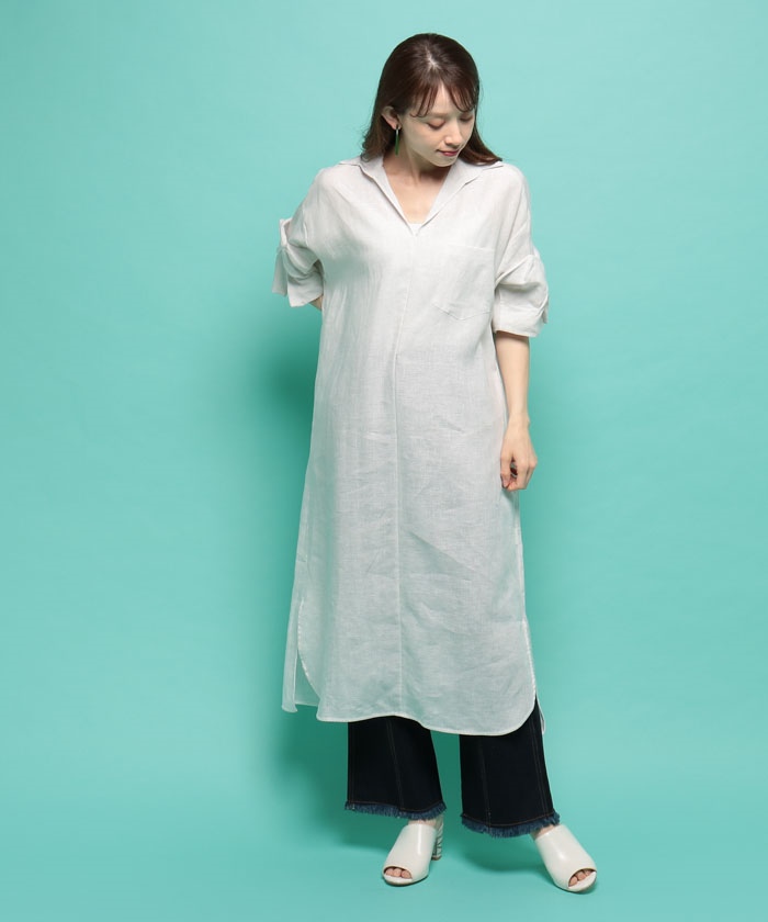 極美品 ティッカ ツイストスリーブ リネン バントカラー プルオーバーワンピース 極美品 ティッカ ツイストスリーブ リネン バントカラー プル