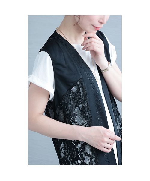 ライアトリエ Rai-Atelier *ロングジレ*コットンリネン綿麻ブラック黒Vネックベストノースリーブ羽織上着(25-2505-459)【12F52】 クーポン】羽織るだけで着映える黒レースのロングジレ(505335575