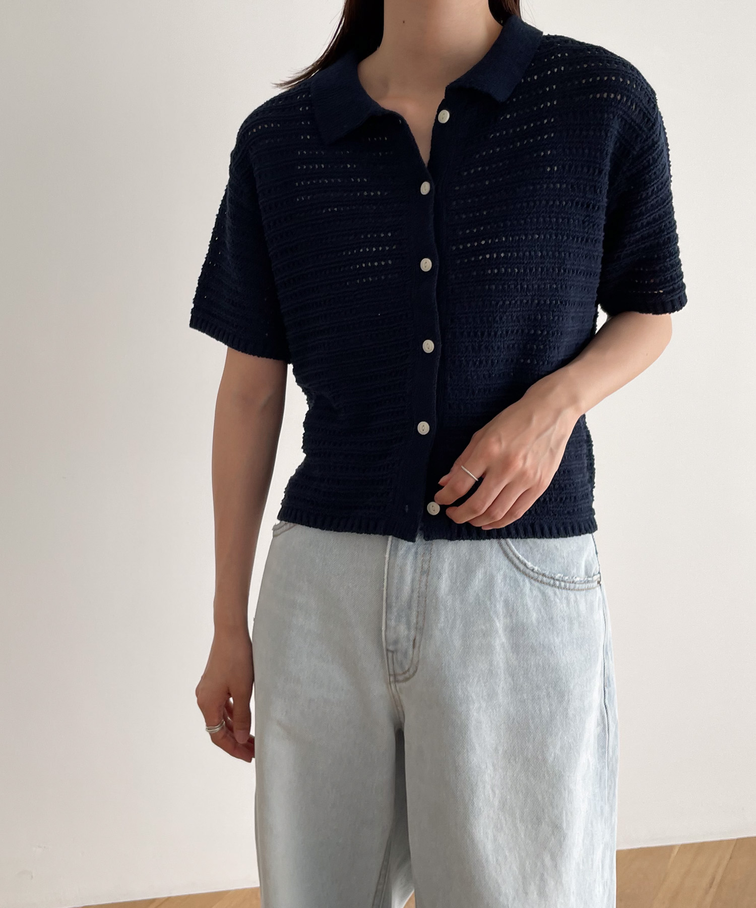 El mar(エルマール)襟付きクロシェ編み半袖カーディガン CANAL JEAN（キャナルジーン）の「El mar 襟付きクロシェ編み