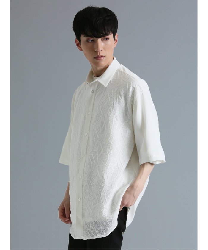 DIESEL◆シアー切替長袖シャツ/XS/シルク/WHT// クーポン】【セール 30%OFF】ジャガード切替 半袖BIGシャツ