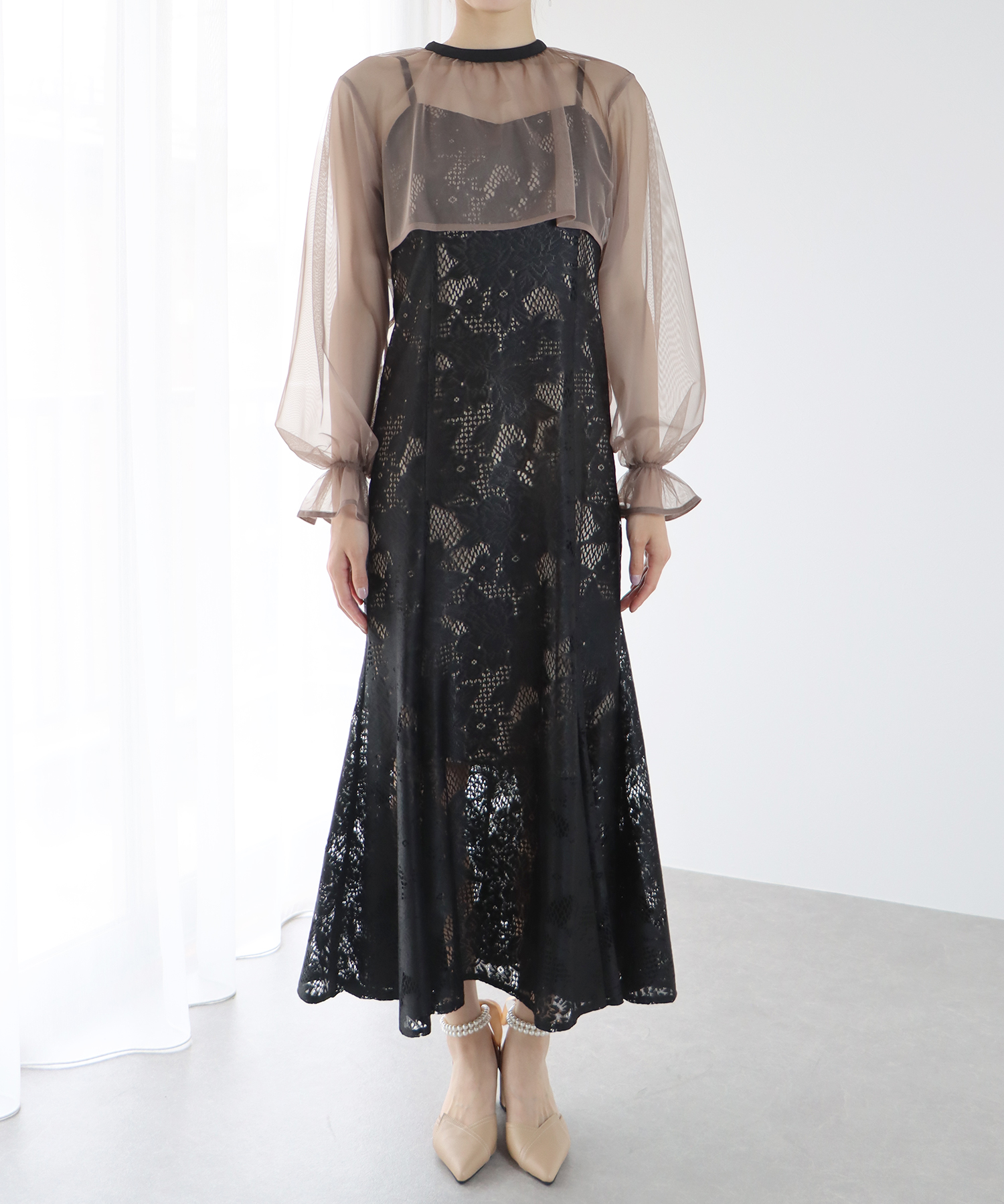 パールビジューオーガンジーレースマーメイドドレス結婚式パーティー二次会デート SOLD OUT】パールビジューオーガンジーレースマーメイド