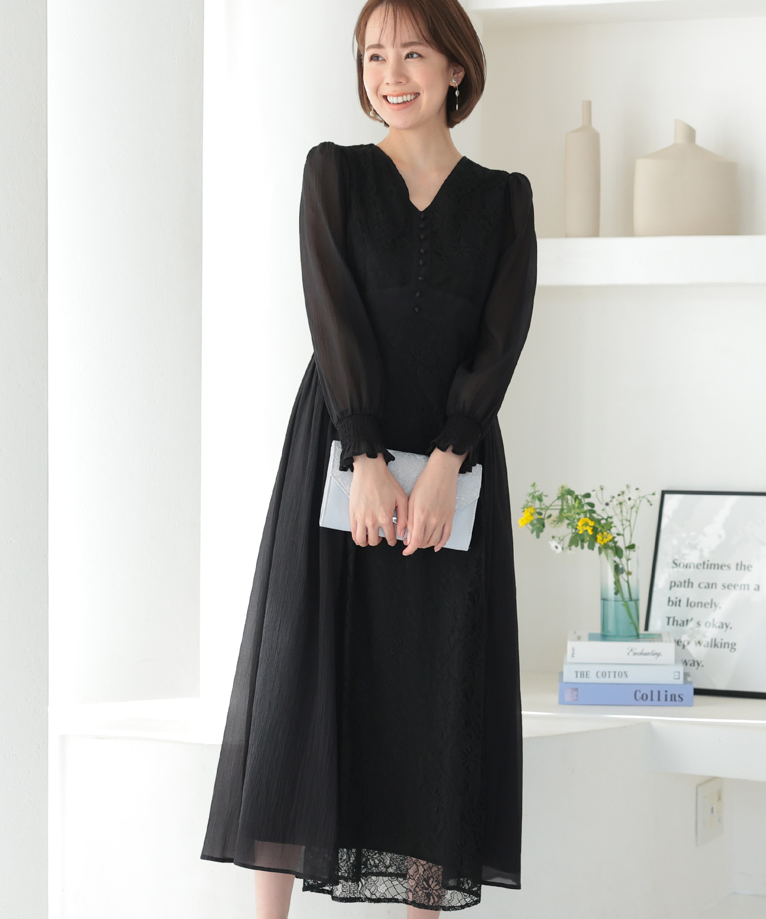 PourVous ロングドレス 黒 プールヴー PourVous ロング&袖ありフォーマルプリーツ