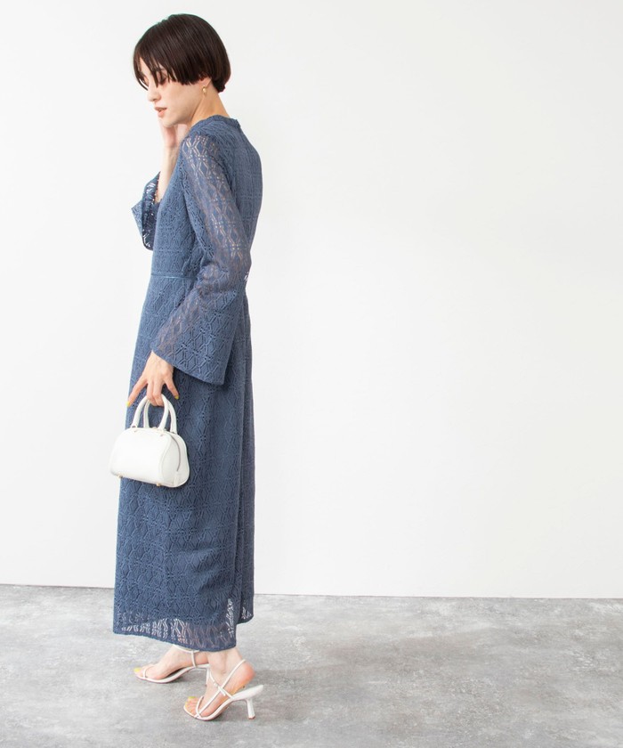 クーポン】【セール 30%OFF】ダイヤ柄レースロングワンピース