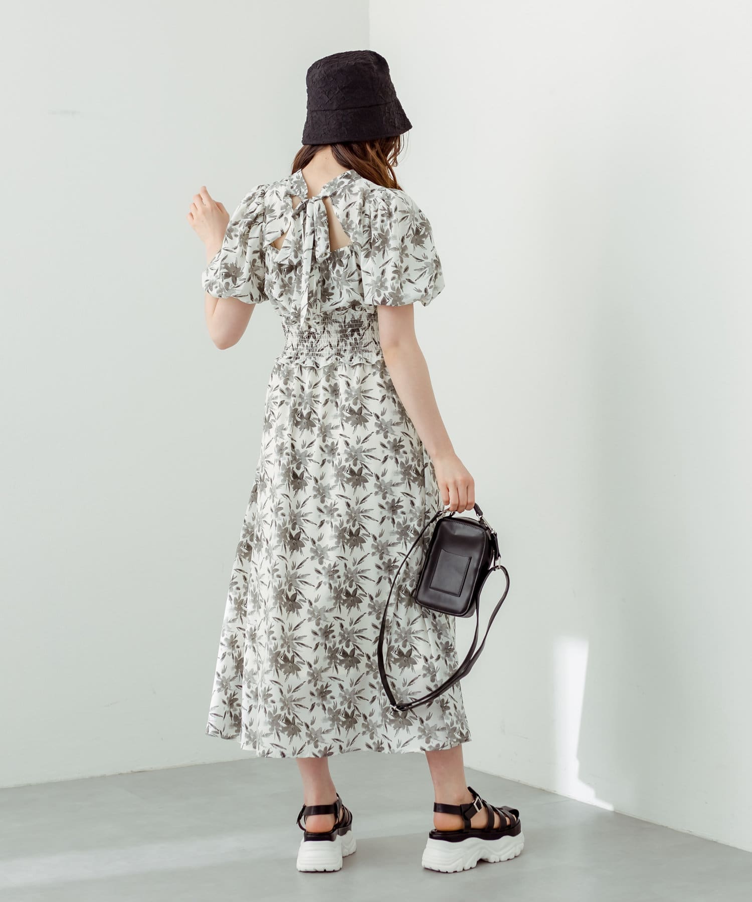 -American Retro-バックリボン デザインスリーブ シルク ワンピ ショルダーフリルFlowerワンピース[品番：EHEW0036382
