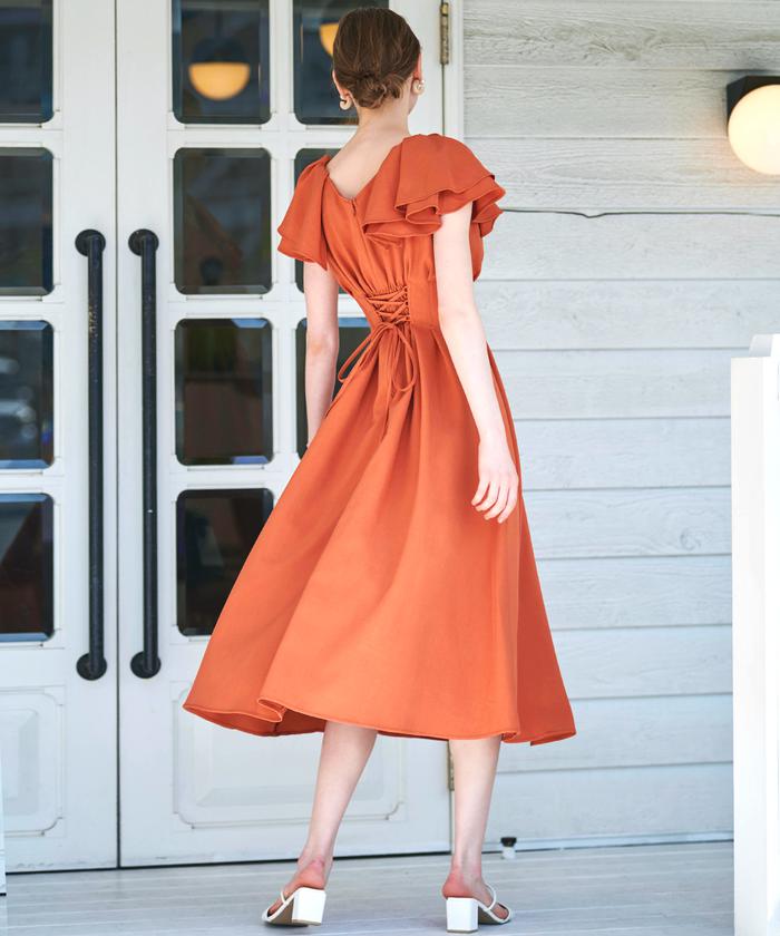 PLEATS PLEASE ミドル丈ワンピース チュニック フリル スリット 赤 PLEATS PLEASE ミドル丈ワンピース チュニック フリル スリット