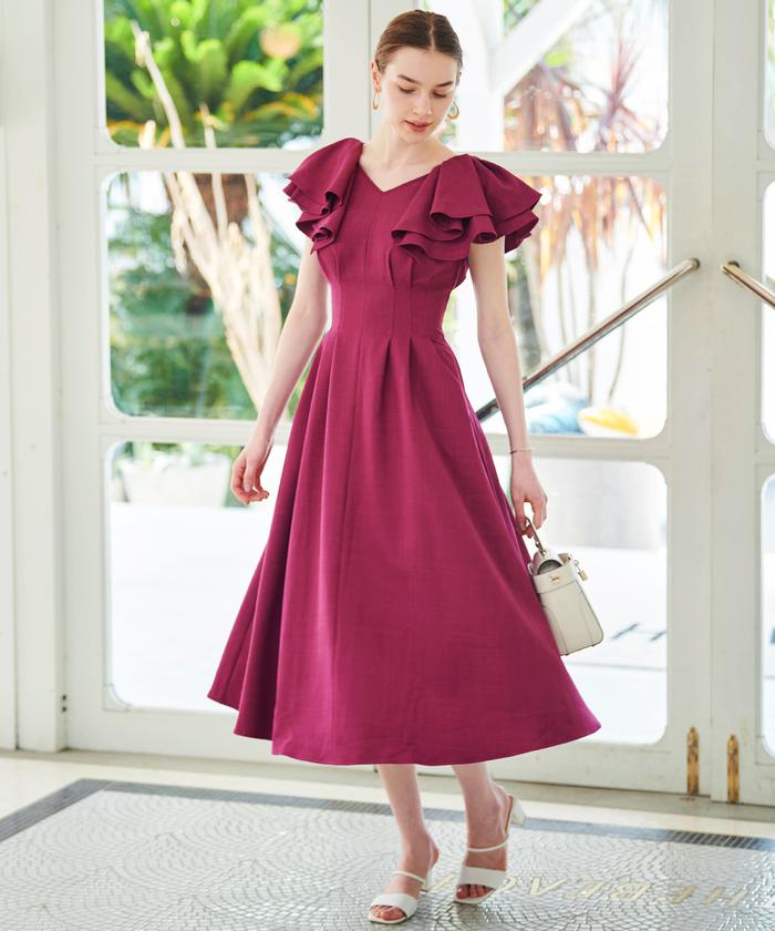 PLEATS PLEASE ミドル丈ワンピース チュニック フリル スリット 赤 PLEATS PLEASE ミドル丈ワンピース チュニック フリル スリット 赤