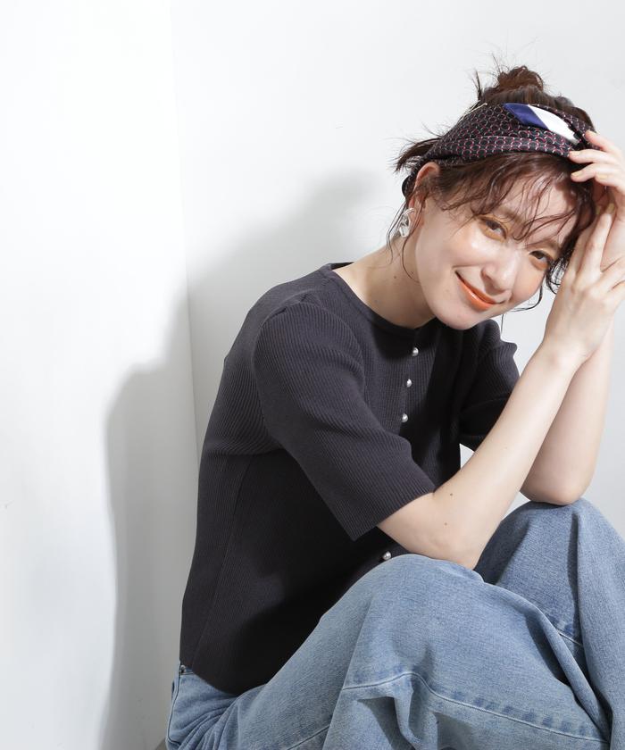 クD184N.Natural Beauty Basicパールボタン半袖リブニット クD184N.Natural Beauty Basicパールボタン半袖リブニット