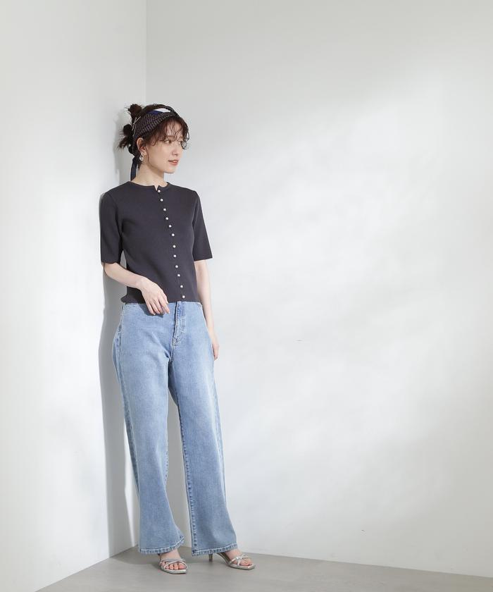 クD184N.Natural Beauty Basicパールボタン半袖リブニット クD184N.Natural Beauty Basicパールボタン半袖リブニット