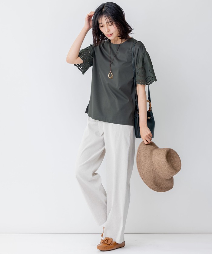 23区 リネンビスコールストレッチ クロップドパンツ セール 70