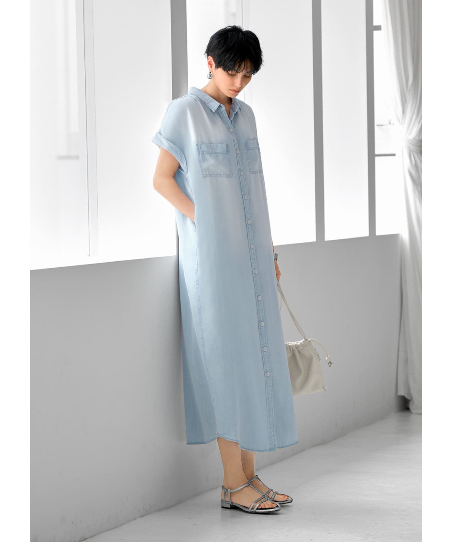 Diffusione Tessile 「1VERBANO」 デニム風サテンワンピース デニム刺繍フレアワンピース / GRACE CONTINENTAL | GRACE