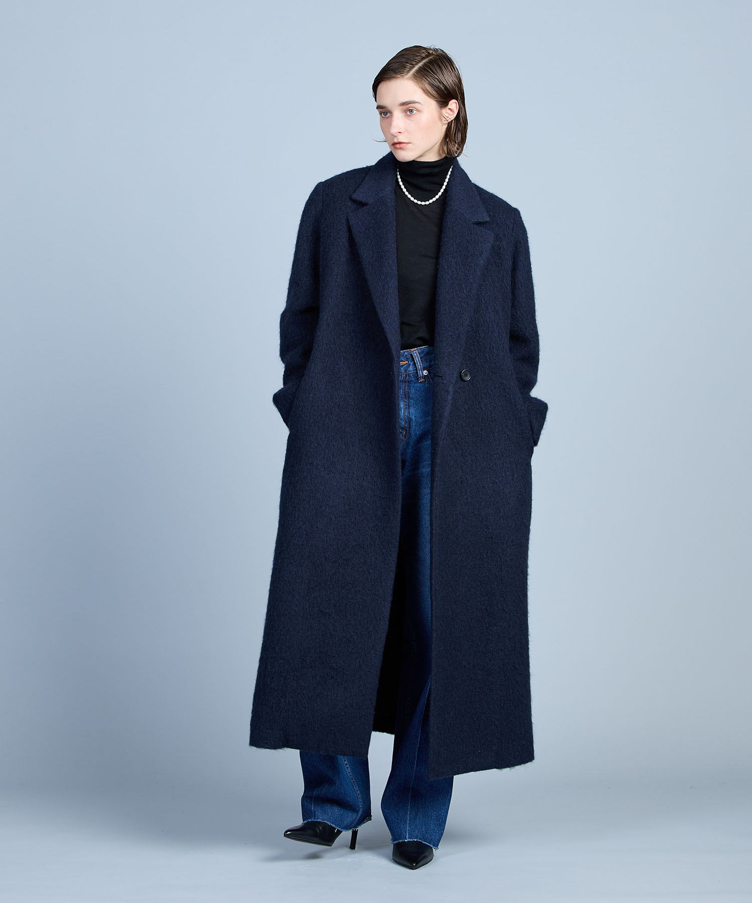 【TELA】テラ シャギー ノーカラーコート ブルー モヘア 38サイズ 美品 セール 50%OFF】モヘアシャギーロングコート(505388268