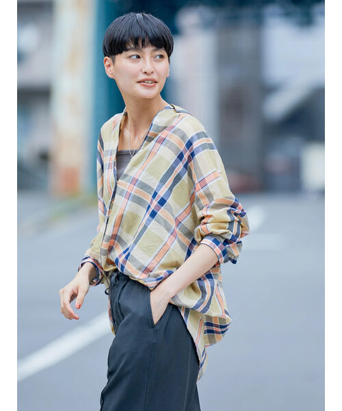 美品 45R インドコットンマドラスシャツ 3 緑チェック セール】 コットンリネンマドラスチェックシャツ （シャツ