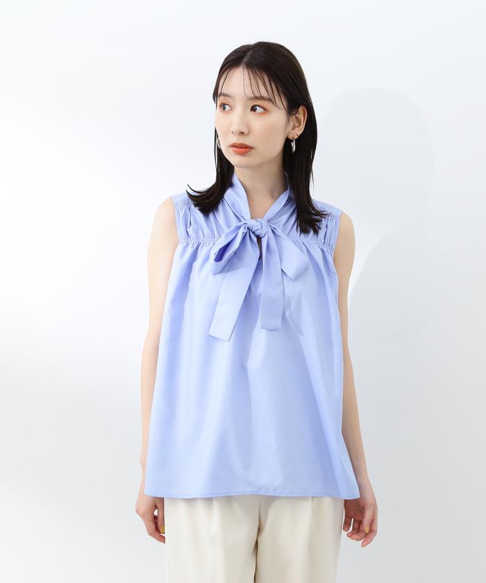 セール 50%OFF】フロントリボンギャザーノースリーブブラウス