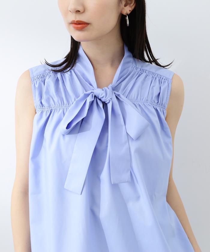 セール 50%OFF】フロントリボンギャザーノースリーブブラウス