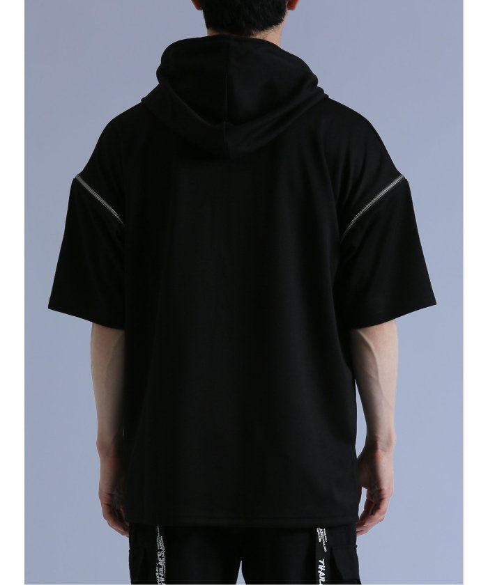 クーポン】袖ZIP 半袖ルーズTパーカー 半袖 メンズ Tシャツ