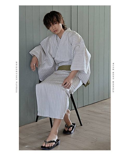 綿麻　浴衣　葉っぱ　ストライプ　ライトブルー　空色 ファッションレター Fashion Letter セパレート綿浴衣 2点セット