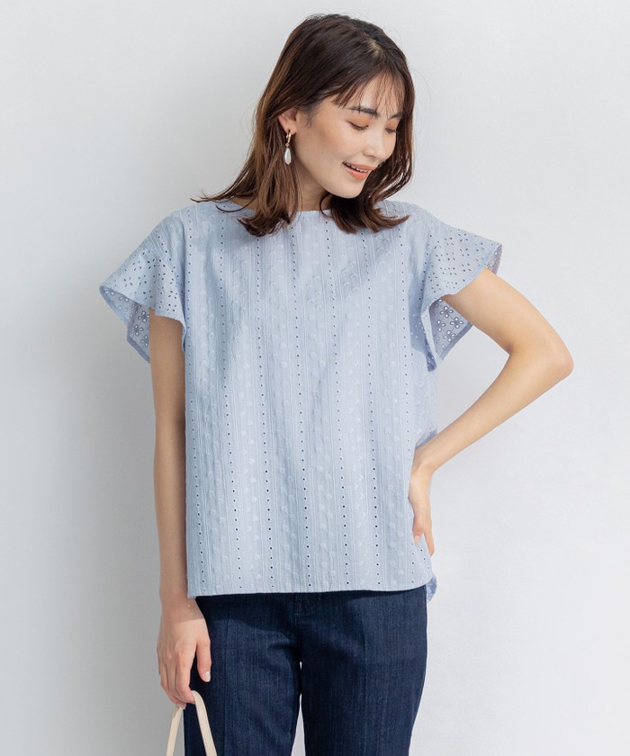 30％off】エンブロイダリーティアードスリーブブラウス(ベージュ