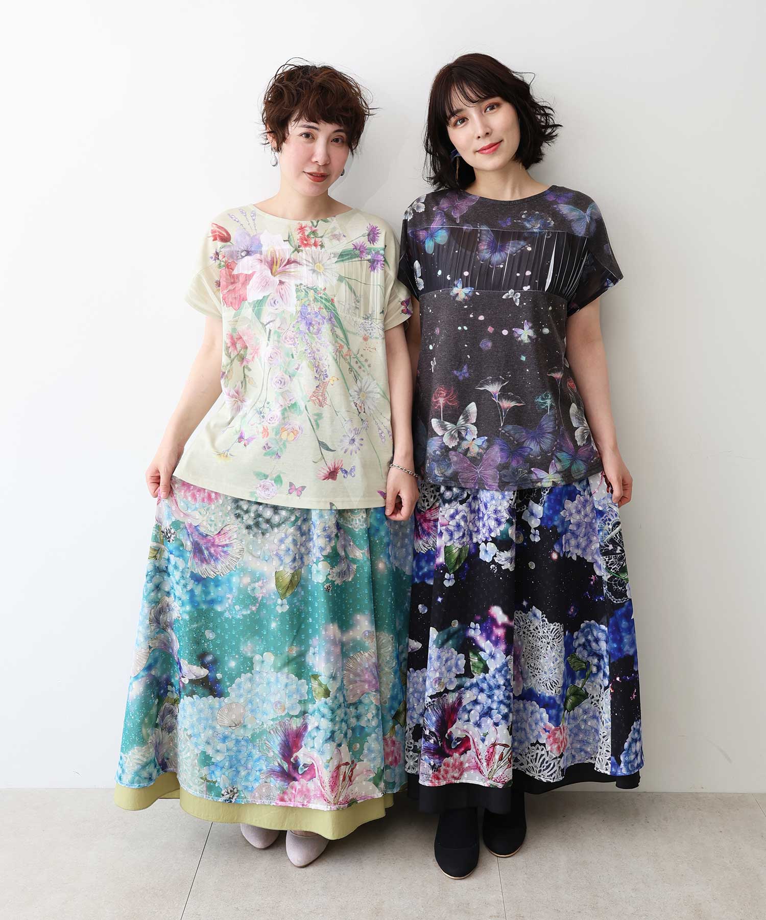 セール】アジサイ×海柄ドットシフォン リバーシブルスカート