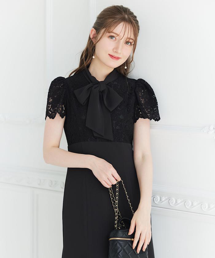 セール 50%OFF】異素材ボウタイレースドッキングワンピース セール 50%OFF】異素材ボウタイレースドッキングワンピース