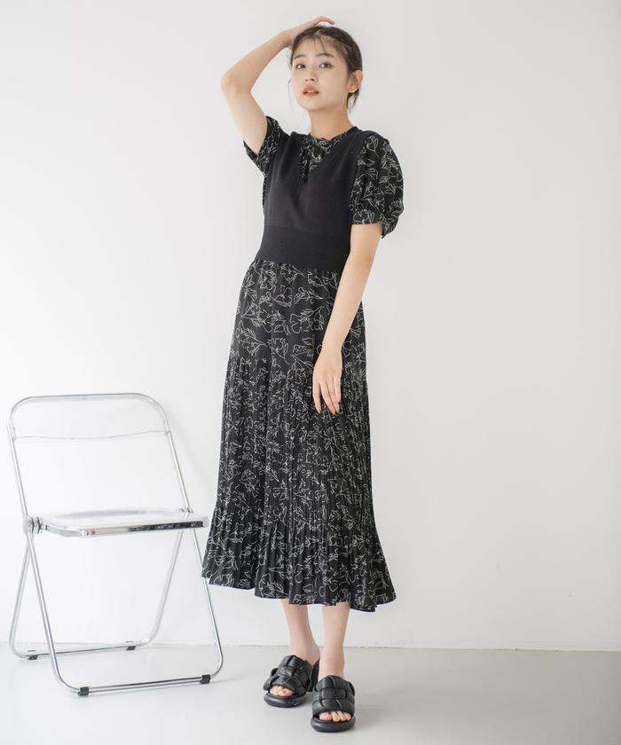 セール 60%OFF】モノトーンフラワープリントワンピ×ニットベスト