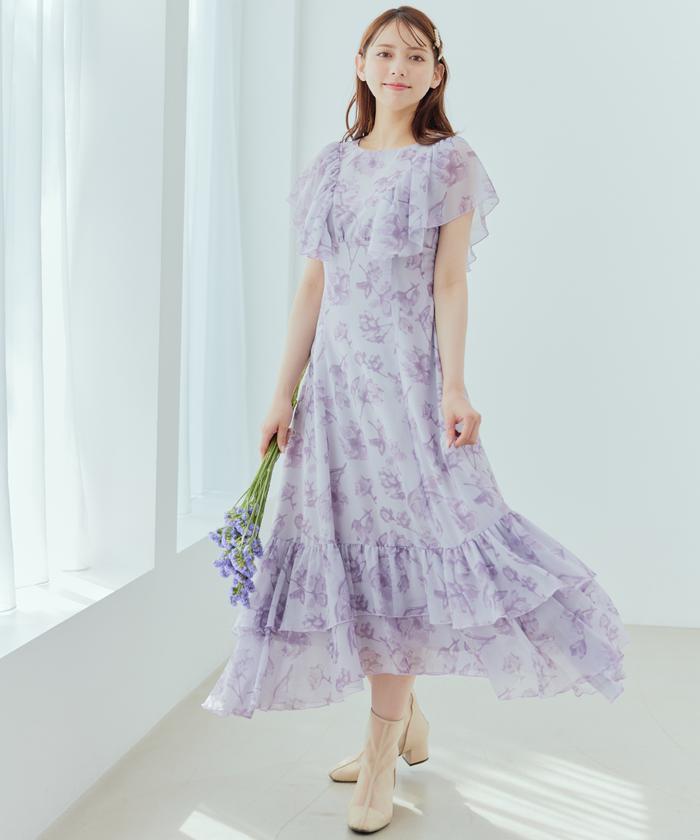 セール 50%OFF】ラインフラワー袖フリルワンピース(505413635