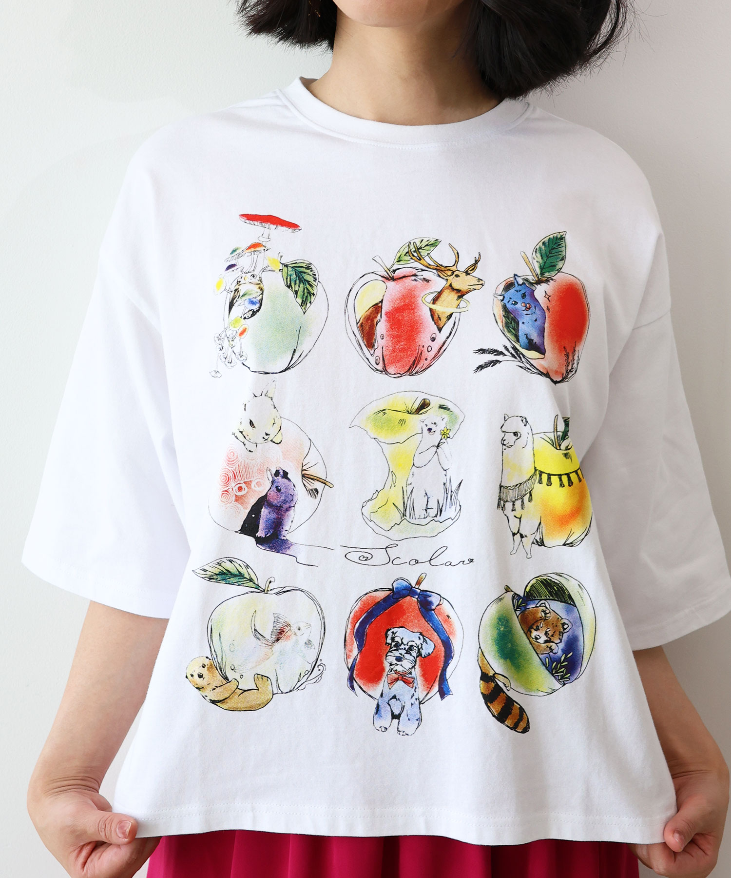 Tシャツ ScoLar スカラー 151702 アニマルリンゴ柄Tシャツ カジュアル ガーリー レトロ 原宿系 個性的 ポイント 151702-1：アニマルリンゴ柄Tシャツの通販-ScoLar