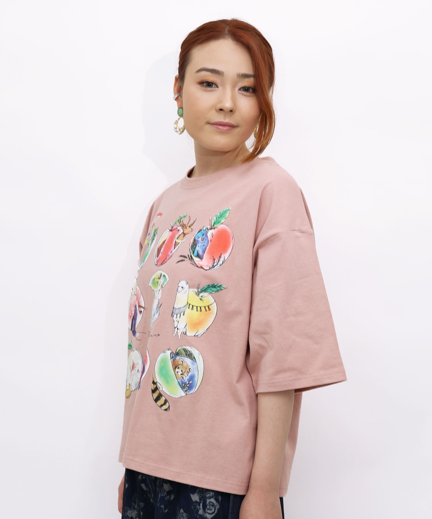 Tシャツ ScoLar スカラー 151702 アニマルリンゴ柄Tシャツ カジュアル ガーリー レトロ 原宿系 個性的 ポイント 151702-1：アニマルリンゴ柄Tシャツの通販-ScoLar