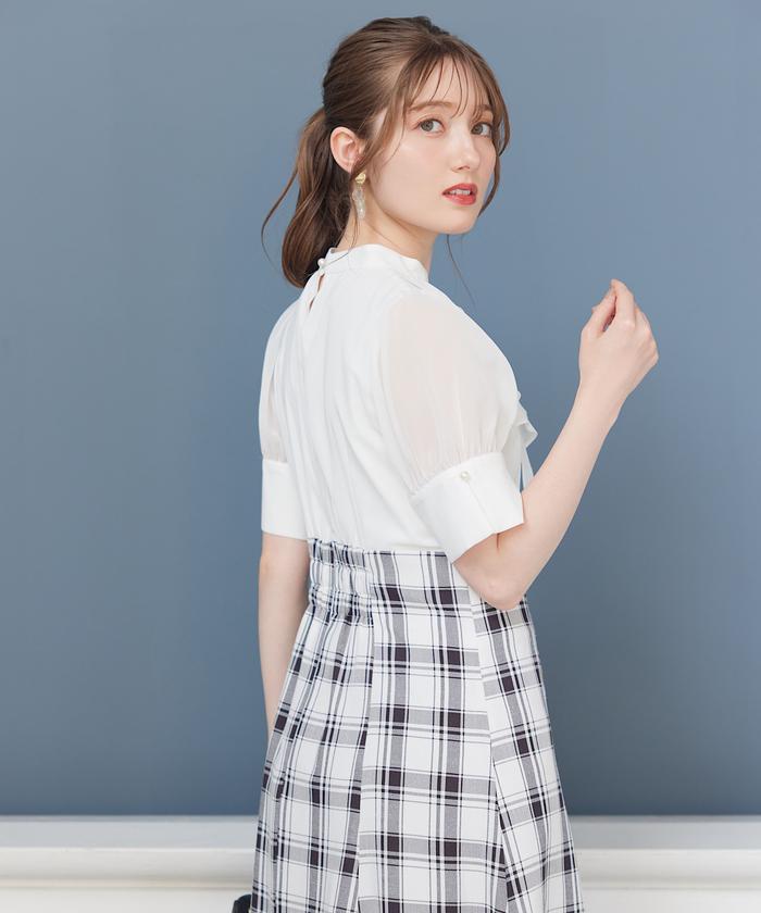 リボンベルト付タックプリーツ配色ドッキング ワンピース S〜XXL saberry-17.jpg