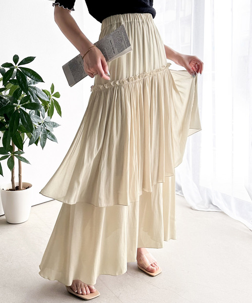 【再入荷】素敵 アシンメトリー ロングスカート フリル clear｜【垢抜け】アシンメトリーフリルロングスカート