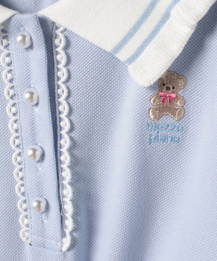 新品　メゾピアノ　クマ刺しゅう　ポロ衿パフスリーブ　ワンピース クマ刺しゅう ポロ衿パフスリーブ ワンピース(110cm サックス