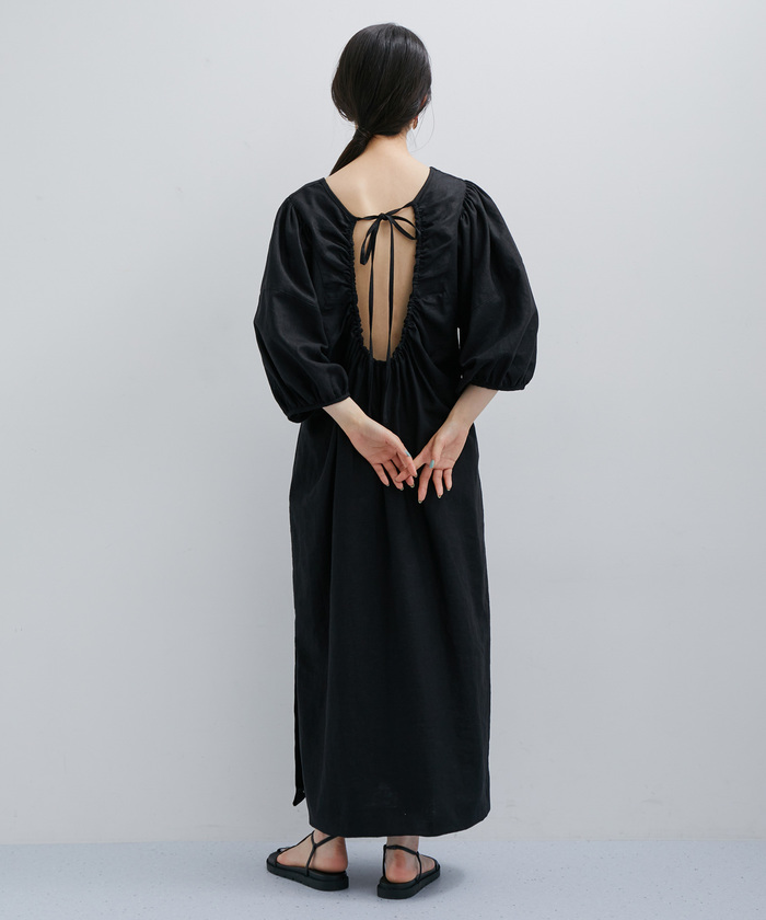 美品！23SS アダム エ ロペ　リネンボリュームスリーブワンピース　ブラック セール 30%OFF】【逸品シリーズ】リネンボリュームスリーブ