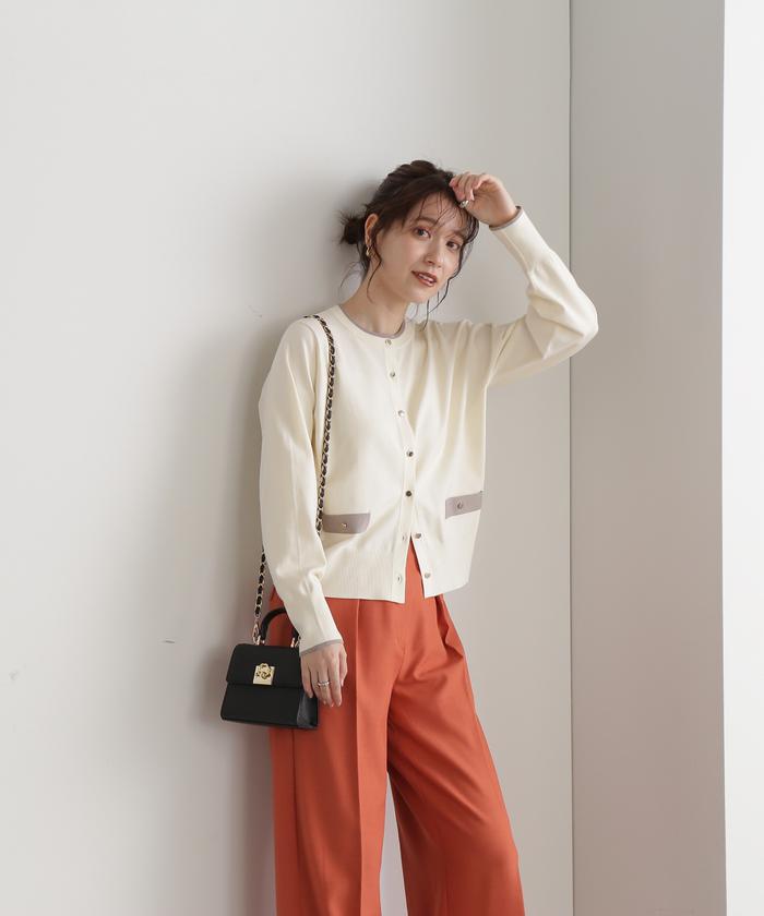 N.Natural beauty basic - エヌナチュラルビューティーベーシック 配色ボタンショルダースリーブブラウス モカ エヌナチュラルビューティーベーシック 配色ボタンショルダー