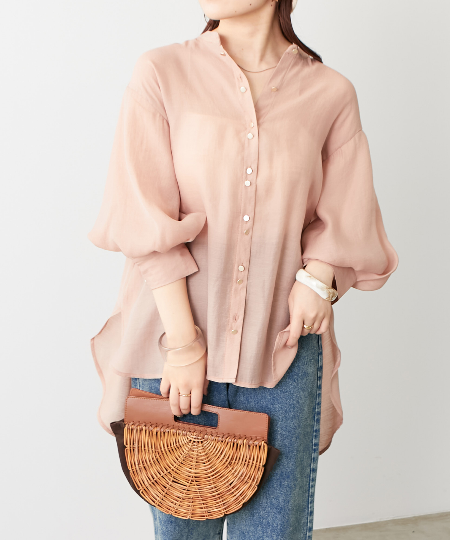 【mollyboo様】【OHGA 】♡スズラン ブラウス ♡ブルー グレー美品 セール】【カラー展開豊富】ダブル釦シアブラウス(505433880