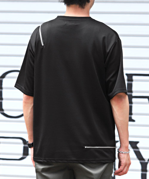 WEWILL zip 半袖シャツ　シルク混　黒　L ビッグシルエット ラグスタイル LUXSTYLE ビッグシルエット半袖シャツ/半袖シャツ
