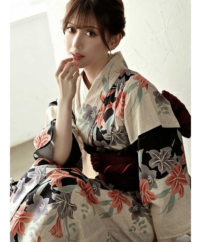 浴衣 単品 白 黒 高級 百合 綺麗 レディース浴衣 キャバ嬢 花