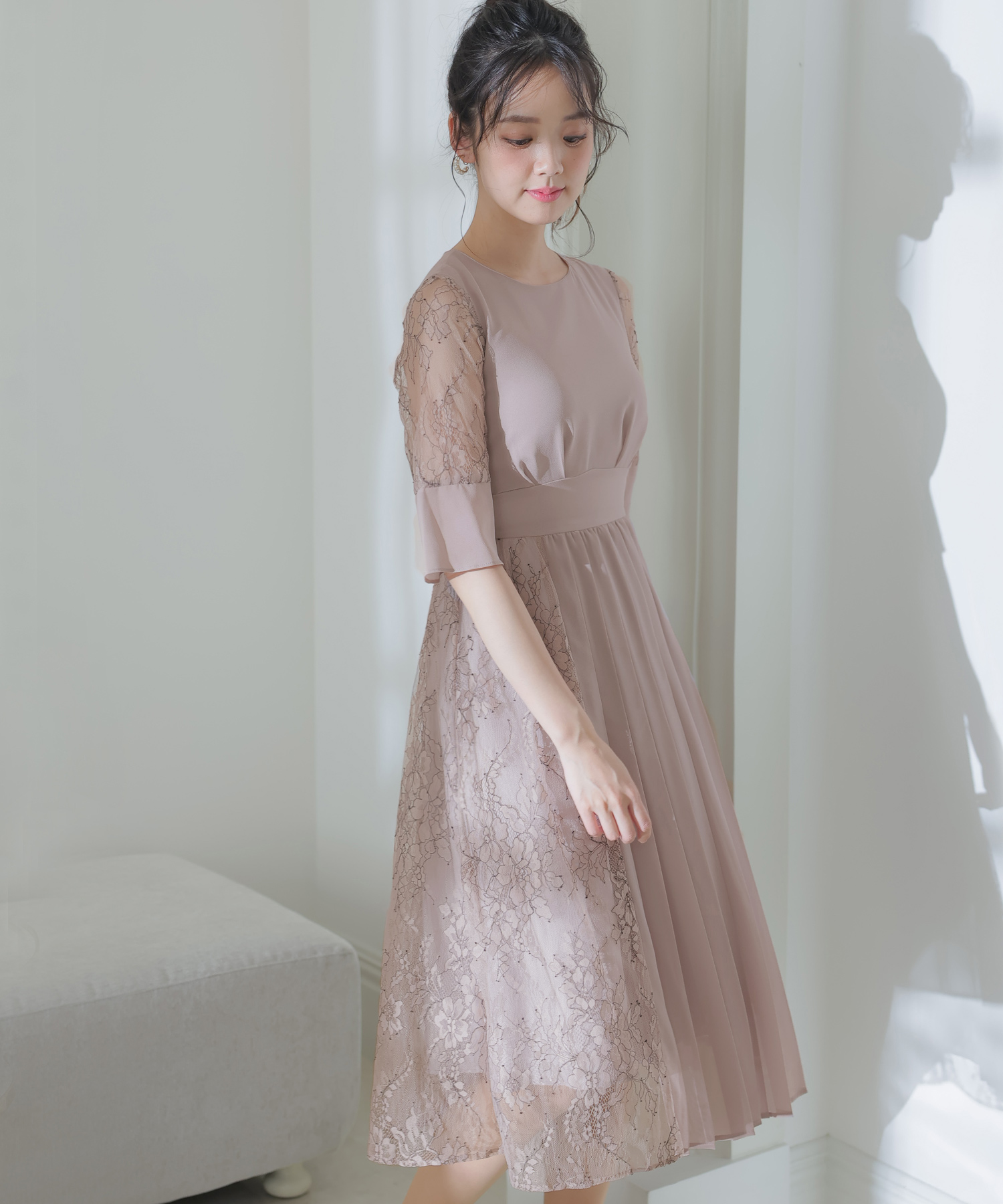 プールヴー アシンメトリーワンピース パーティードレス 結婚式 お呼ばれ 結婚式 パーティードレス アシンメトリープリーツ七分袖&ミニ丈