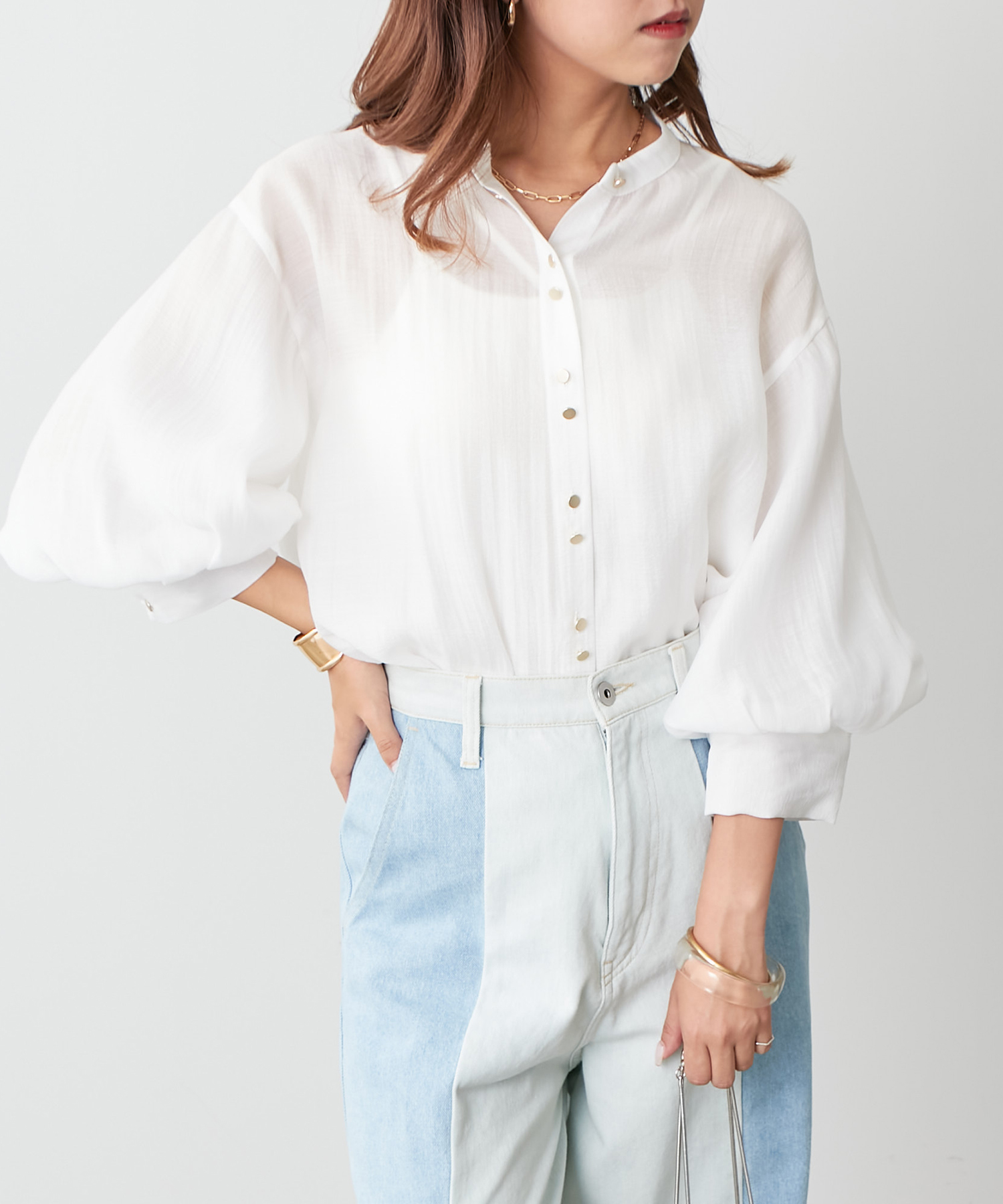 【mollyboo様】【OHGA 】♡スズラン ブラウス ♡ブルー グレー美品 セール】【カラー展開豊富】ダブル釦シアブラウス(505433880